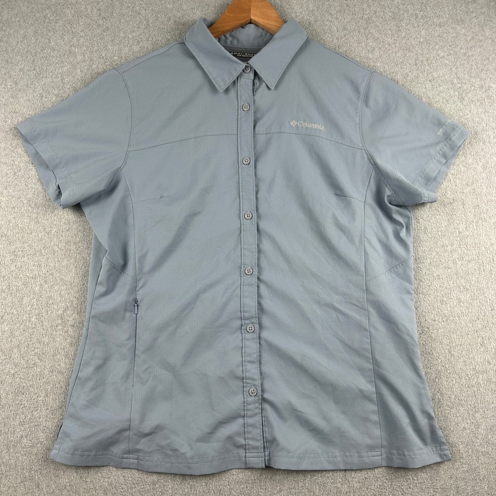 Columbia Shirt Womens Large Omni-Shade Blue Short Sleeve Button-down Ripstop